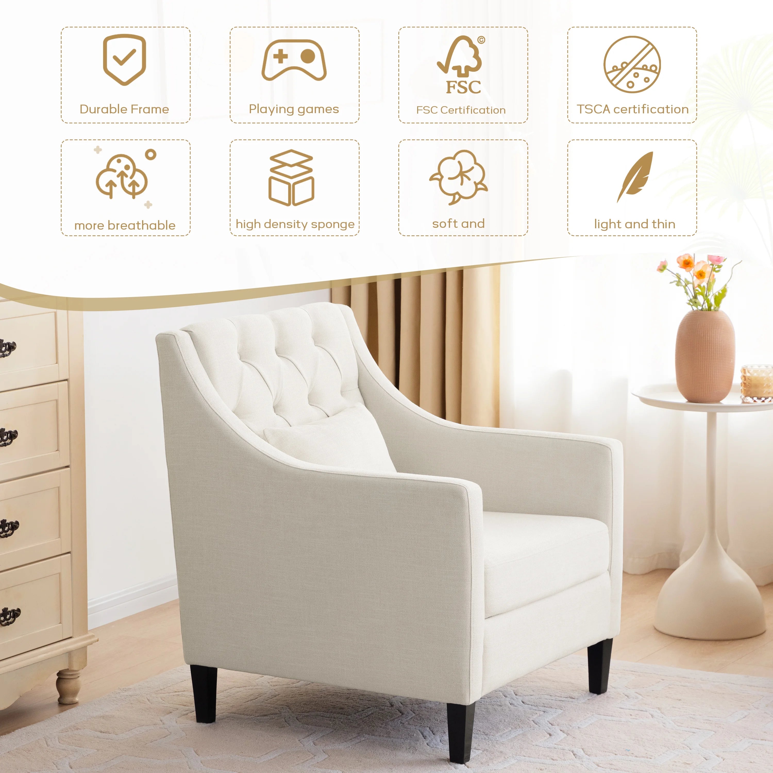 Beige Fabric Accent Chair with Wood Frame B144199