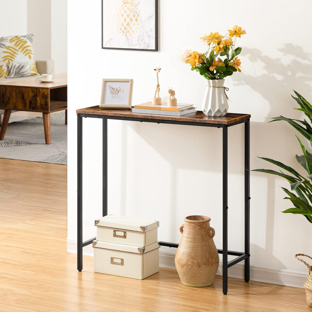 Rustic Brown and Black Narrow Console Table with 2 Fabric Drawers C643