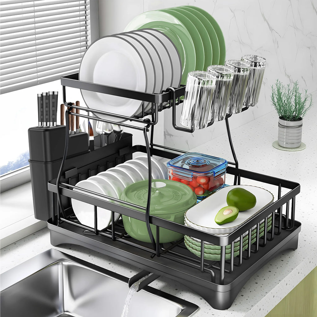 2 Tier Stainless Steel Dish Drying Rack with Drain Board B913