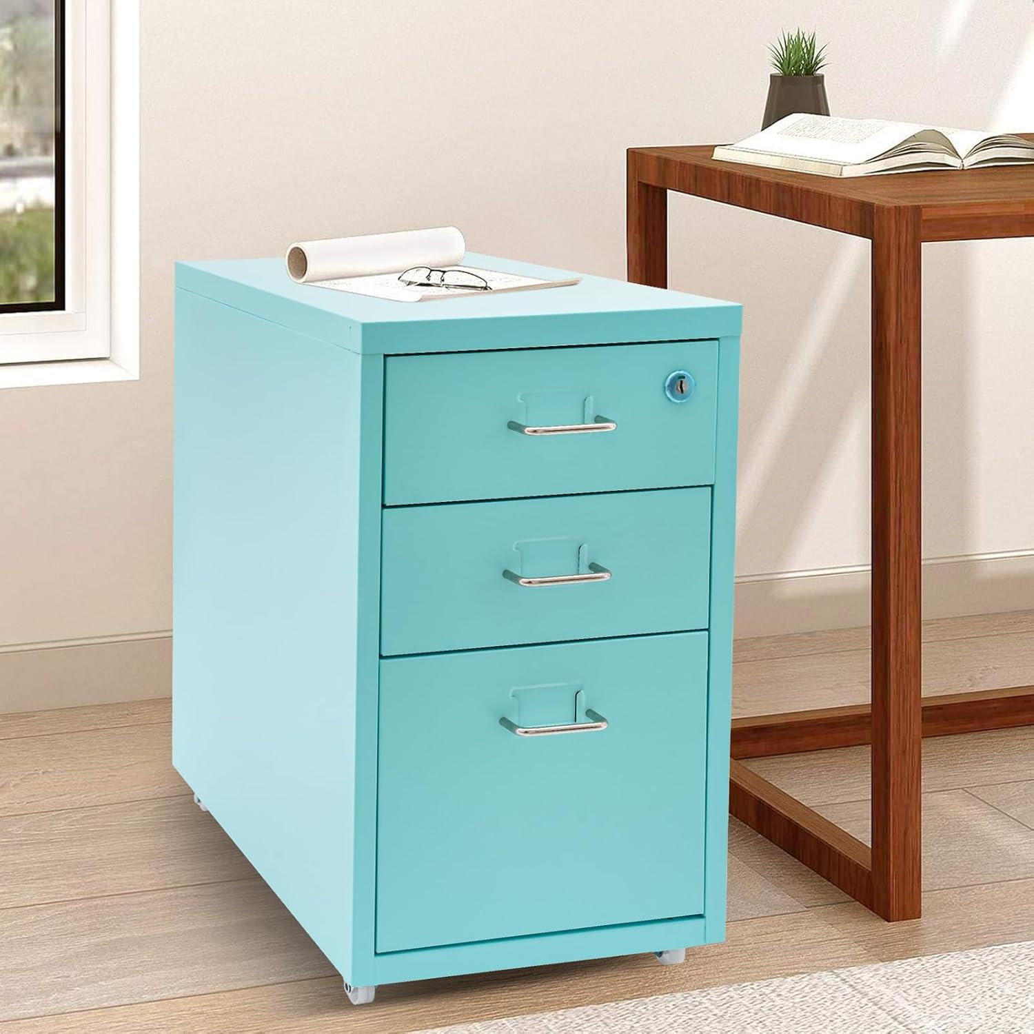 Blue 3 Drawer Mobile Metal Filing Cabinet with Lock U130939