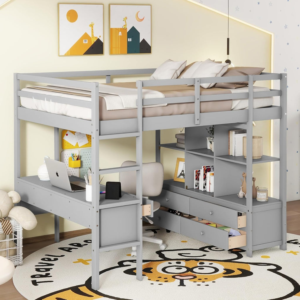 Full Size Solid Wood Loft Bed with Desk and 2 Drawers, Grey Q83593