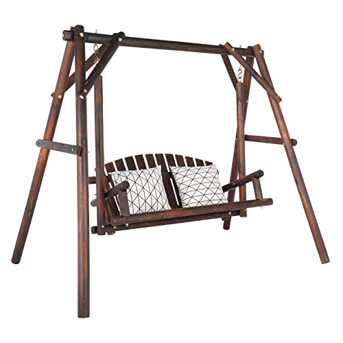 6.5' Outdoor Porch Swing Rustic Loveseat Solid Wooden Natural Log Garden Swing (Carbonized) W63206
