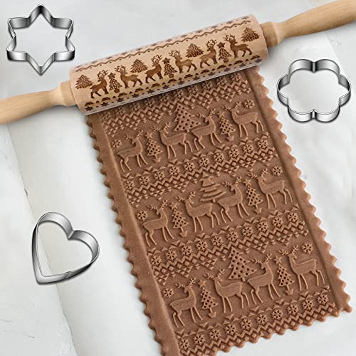 4Pack Christmas Wooden 3D Rolling Pins Embossed L410512