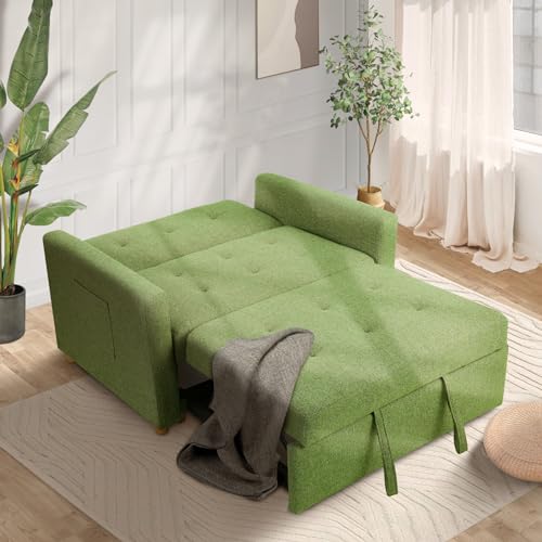 49" 2-Seater Linen Fabric Convertible Sofa Bed with Adjustable Backrest and 2 Pillows S241614