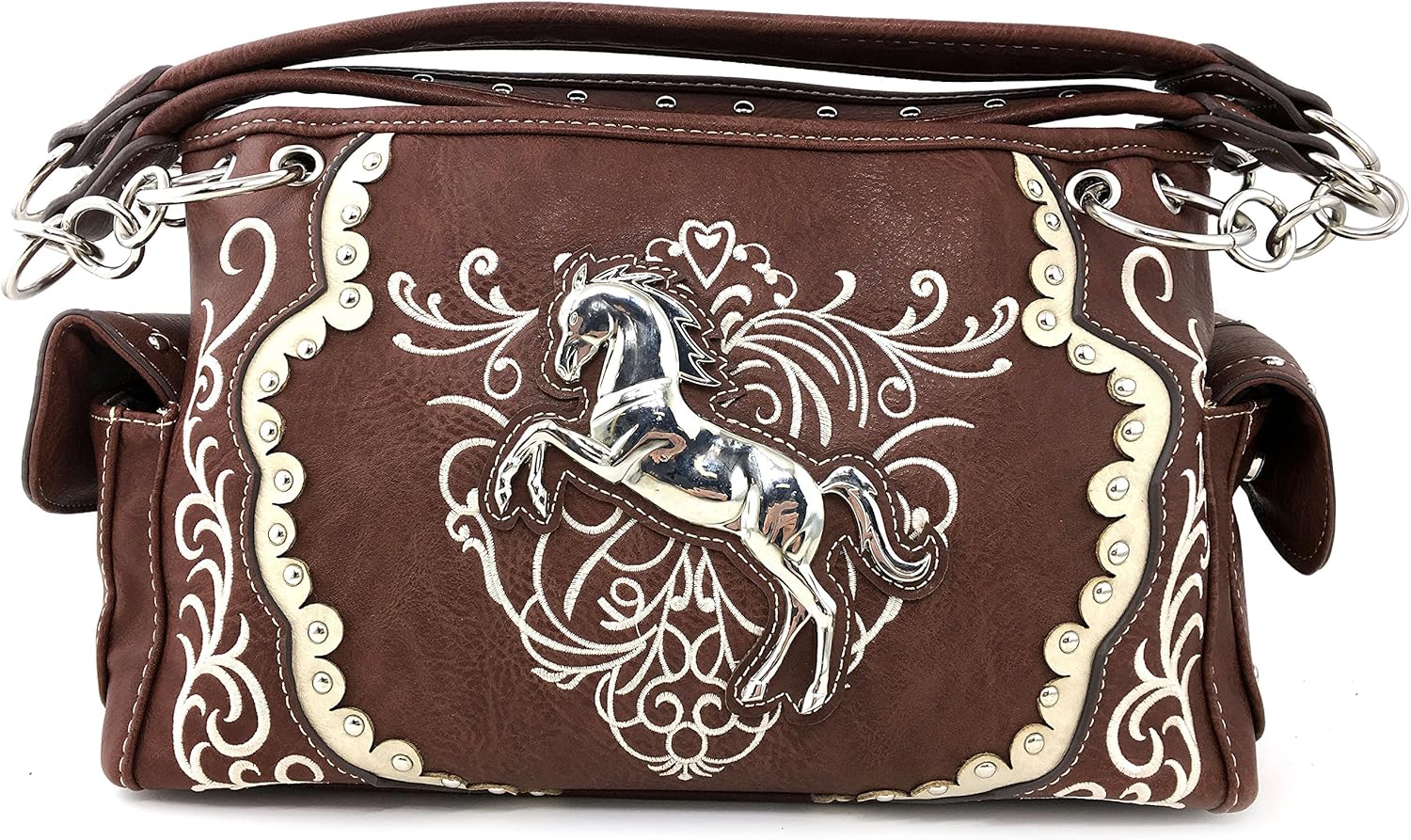 Brown Horse Embroidery Studded Concealed Carry Handbag Purse and Wallet H187637