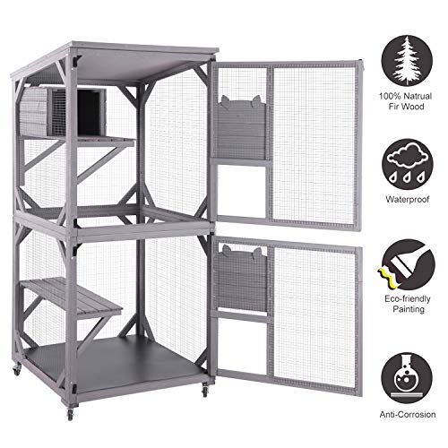 Large Wooden Catio with Run on Wheels (grey) N335