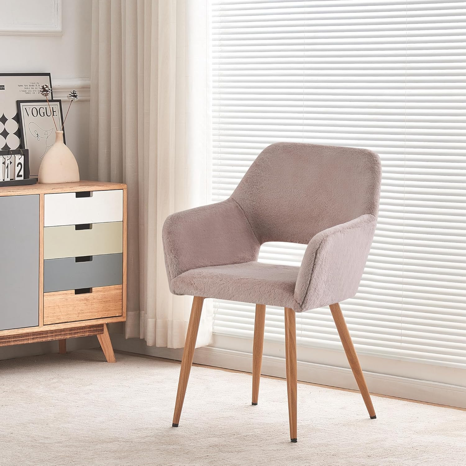 Grey Faux Fur Side Chair with Wood Metal Legs F804812