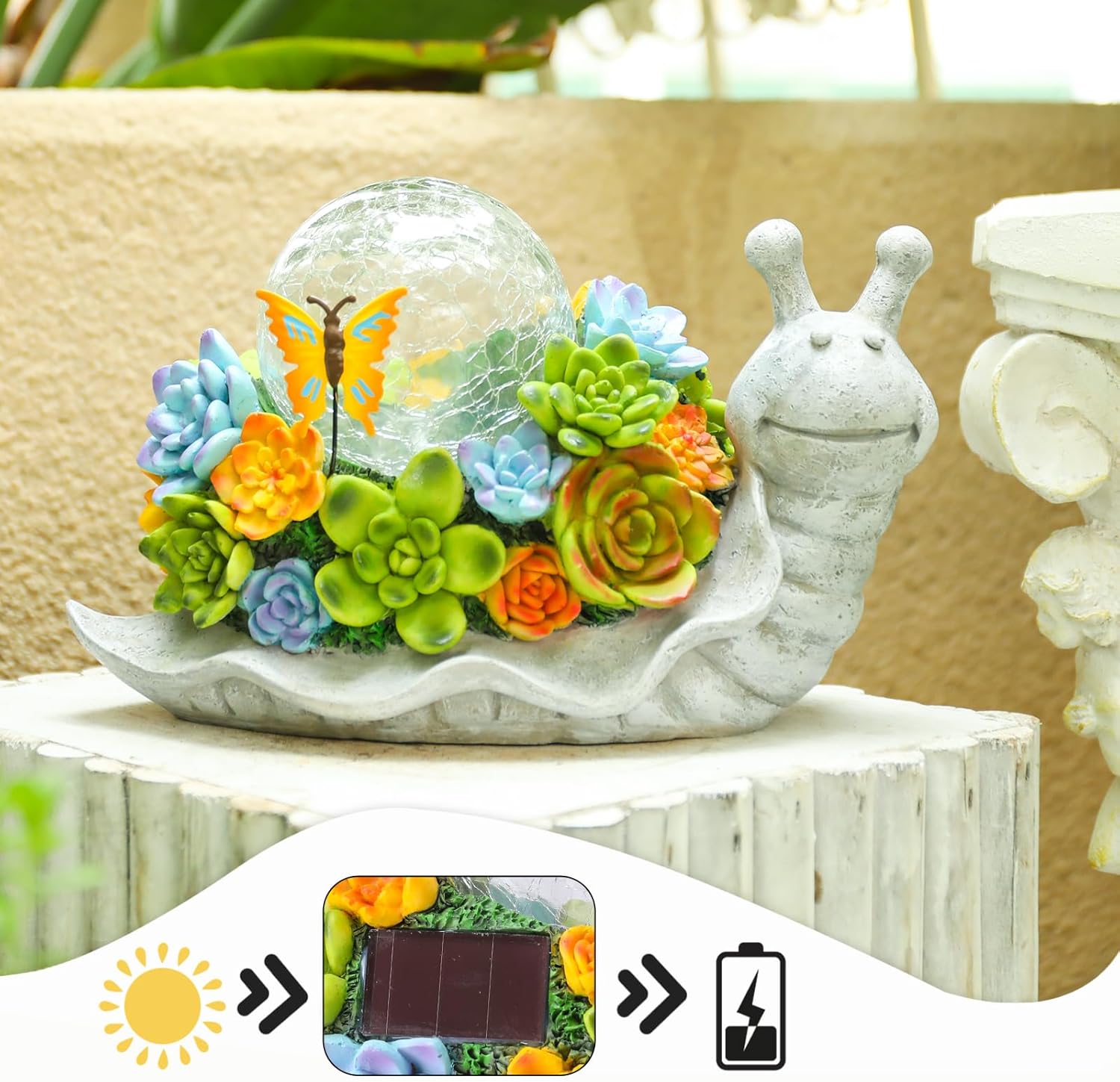Solar Garden Snail Statue with Succulent and Solar Lights S43315