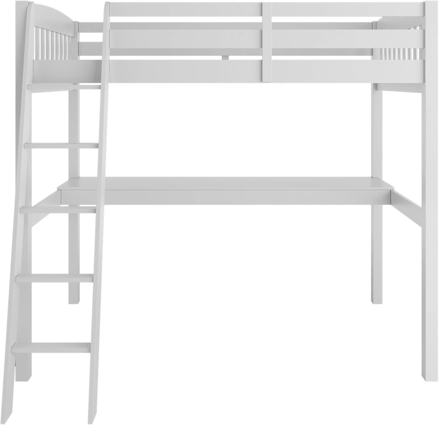 White High Loft Bed with Desk and Storage, Solid Wood Twin Size Loft Bed Frame with Stairs S70395
