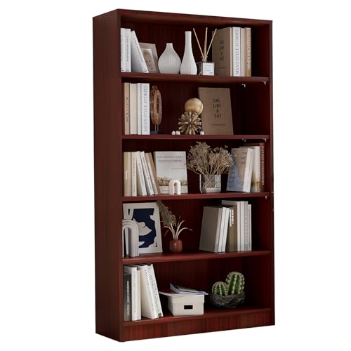5 Shelf Wooden Bookcase, 60 Inch Height, Cherry L3639