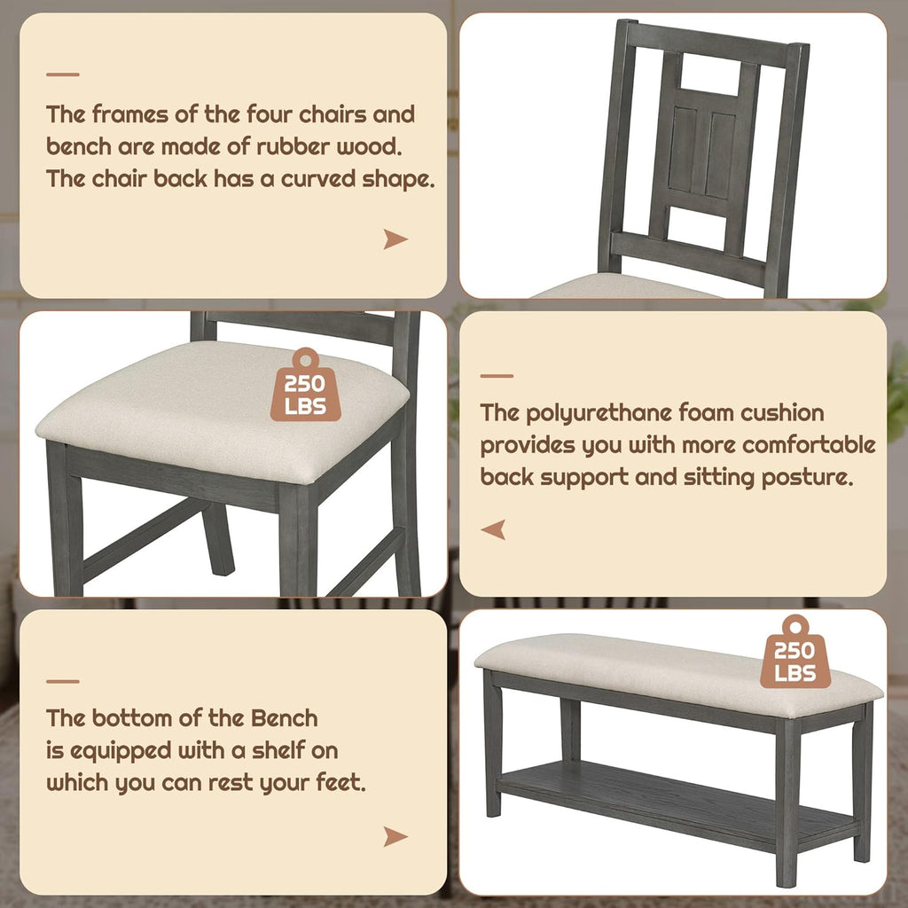 6-Piece Dining Table Set with 4 Upholstered Chairs and 1 Bench, Solid Wood, Dark Gray E50279