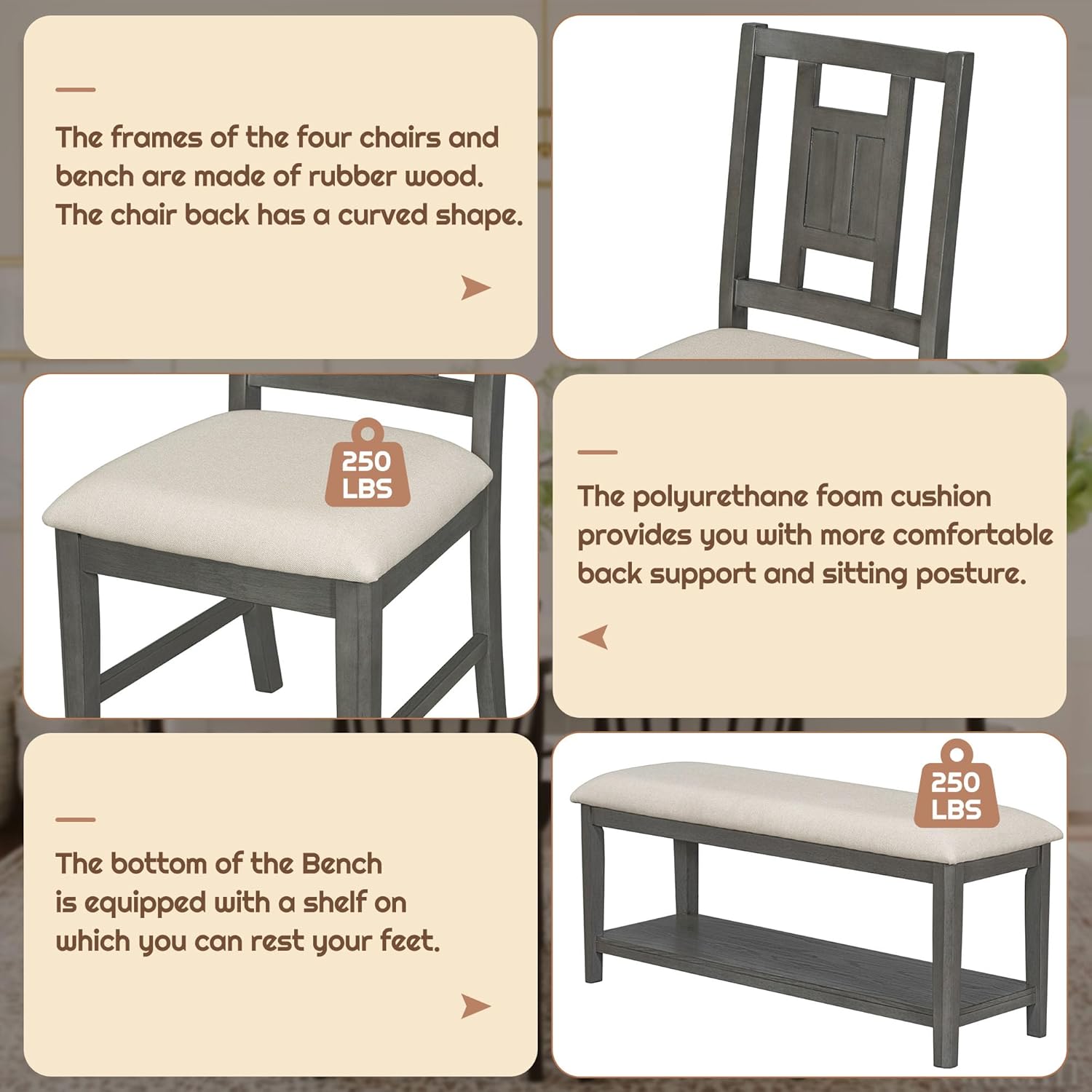 6-Piece Dining Table Set with 4 Upholstered Chairs and 1 Bench, Solid Wood, Dark Gray E50279