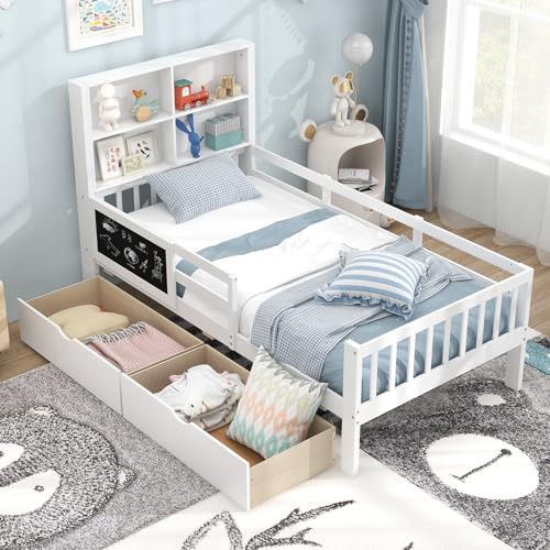 White Full Size Solid Wood Bed Frame with 2 Storage Drawers T854313