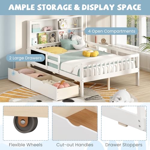 White Full Size Solid Wood Bed Frame with 2 Storage Drawers T854313