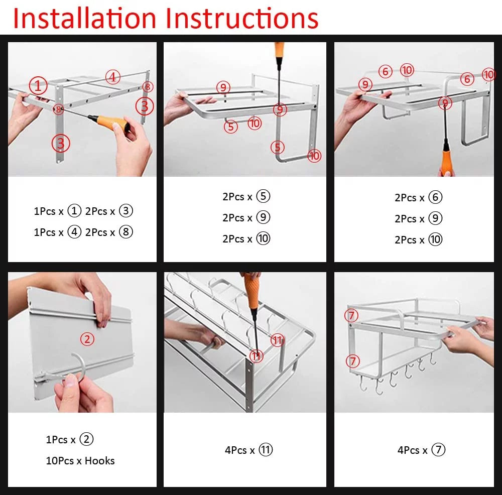 Aluminum Microwave Oven Wall Mount Double Deck Shelf With Hooks J218517