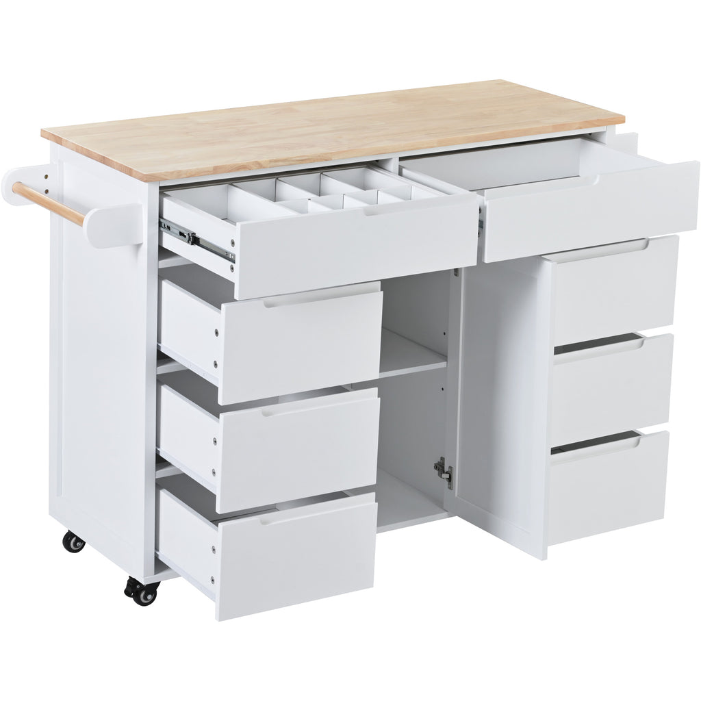 Rolling Kitchen Island with Storage, Rubber Wood Mobile Kitchen Cart with Lockable Wheels, Drawers, Shelves Q9277