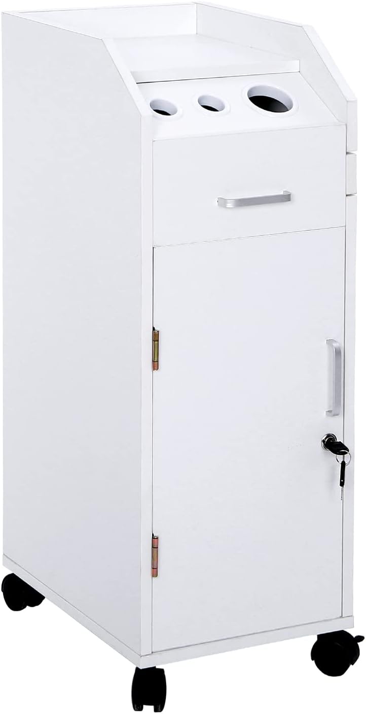 Rolling Hair Salon Storage Cart with Wheels & 3 Hair Dryer Holders & Drawers & Lock J99478
