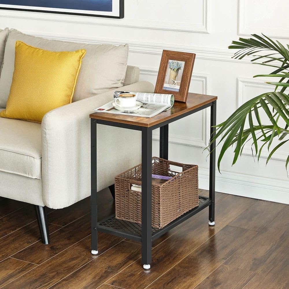Industrial Rustic Brown Side Table with Mesh Shelf J51289