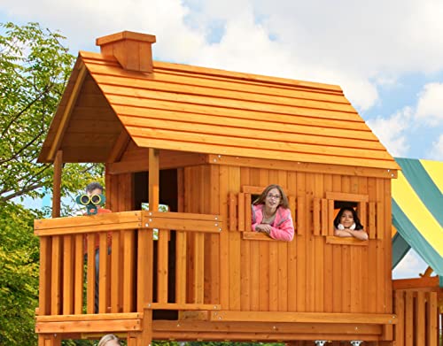 Solid Cedar Wood Swing Set with Built-in Tree House, Wave Slide, Spiral Slide D44331