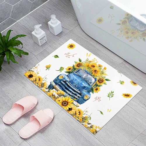 Yellow Sunflowers on Farm Truck Indoor Door Mats, Non-Slip Low Profile Entryway Rugs, Summer Floral on White, 18x30IN I887