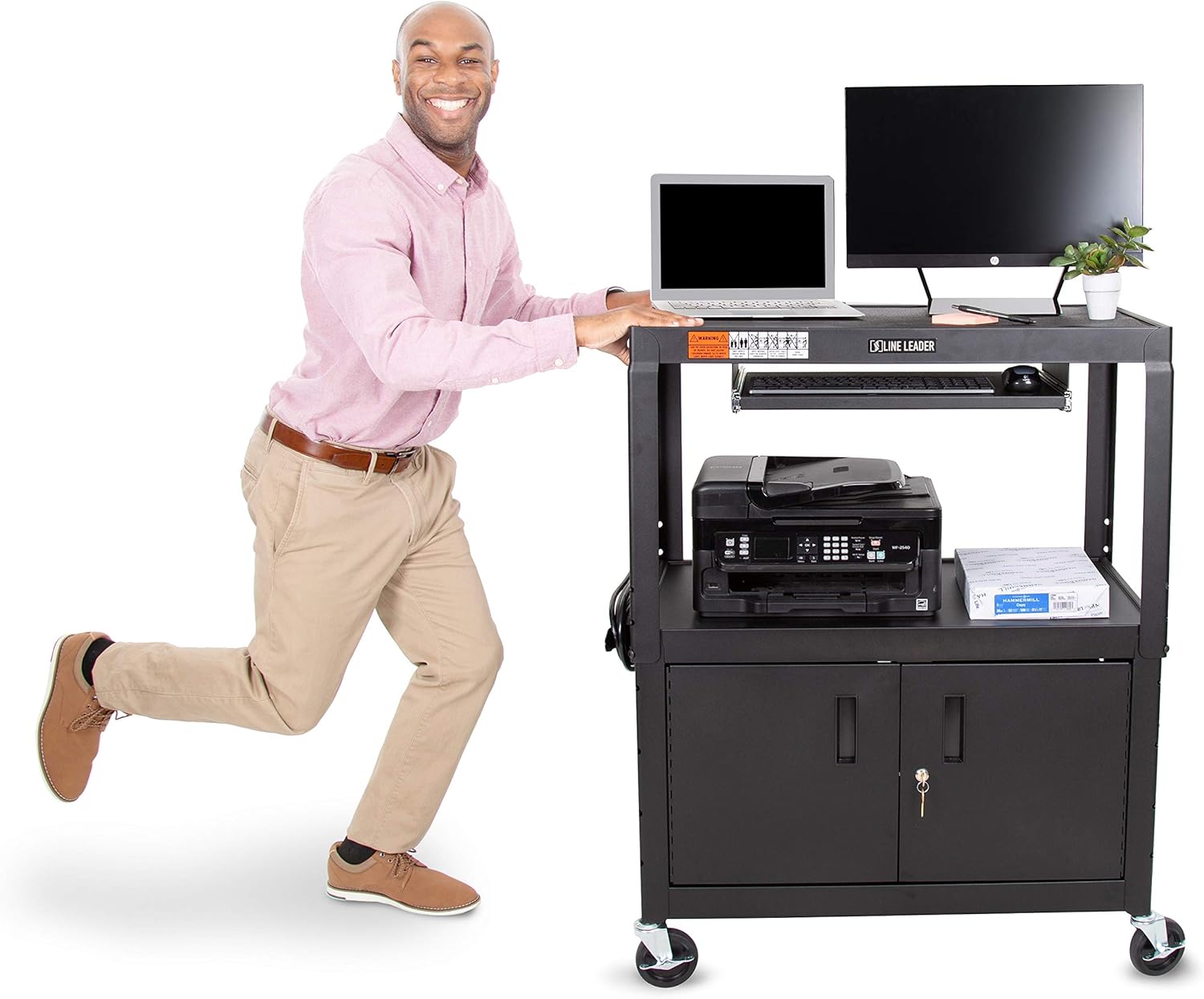 Large AV Cart with Locking Cabinet, Height Adjustable, Black H21904