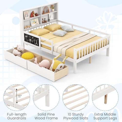 White Full Size Solid Wood Bed Frame with 2 Storage Drawers T854313