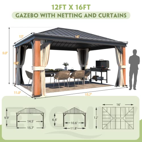 12'x20' Hardtop Galvanized Steel Aluminum Frame Gazebo with Netting and Curtains H666857