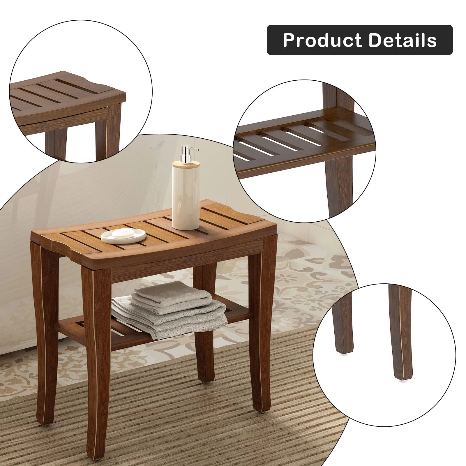 Coffee Bamboo Bathroom Bench W2627