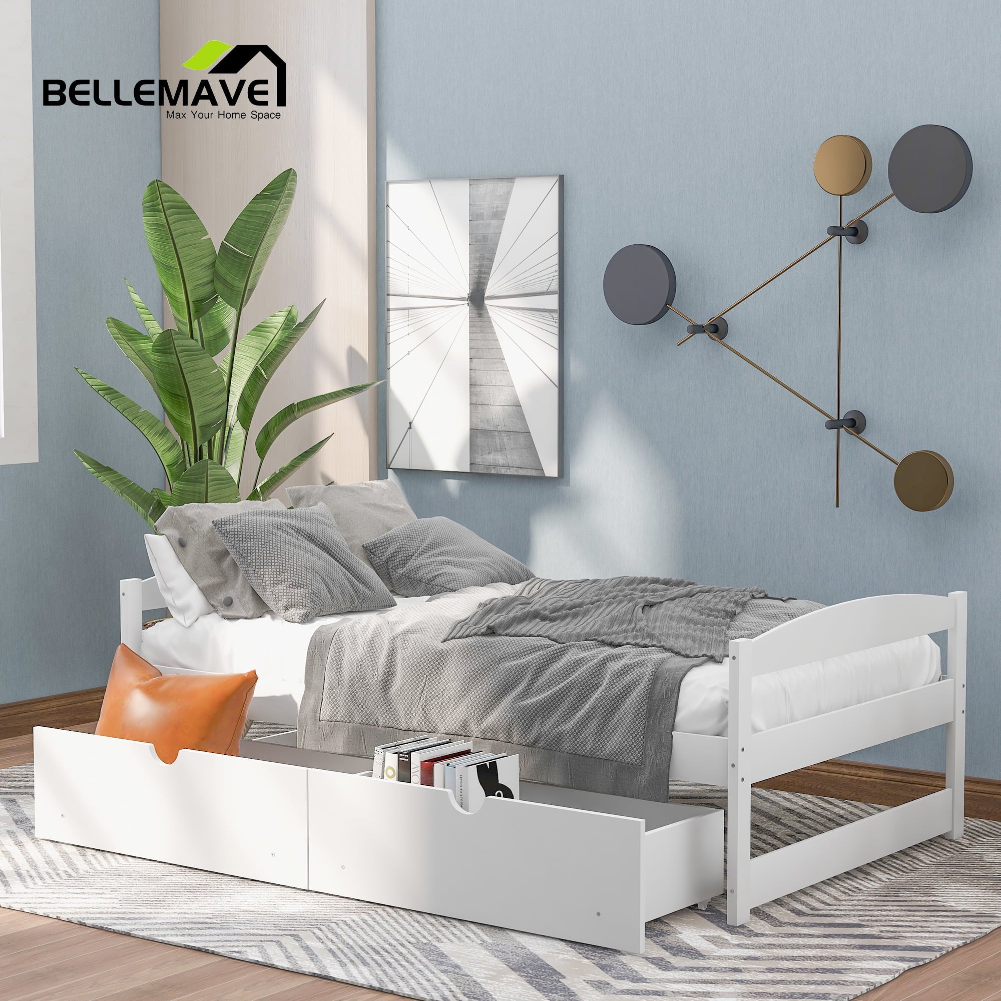 White Twin Size Platform Bed with 2 Drawers C3265