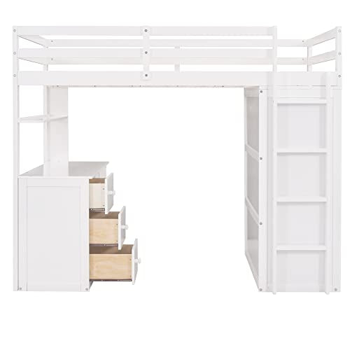 Full Loft Bed with Desk, Wood, Storage Drawers, Wardrobe and Shelf, Espresso W947