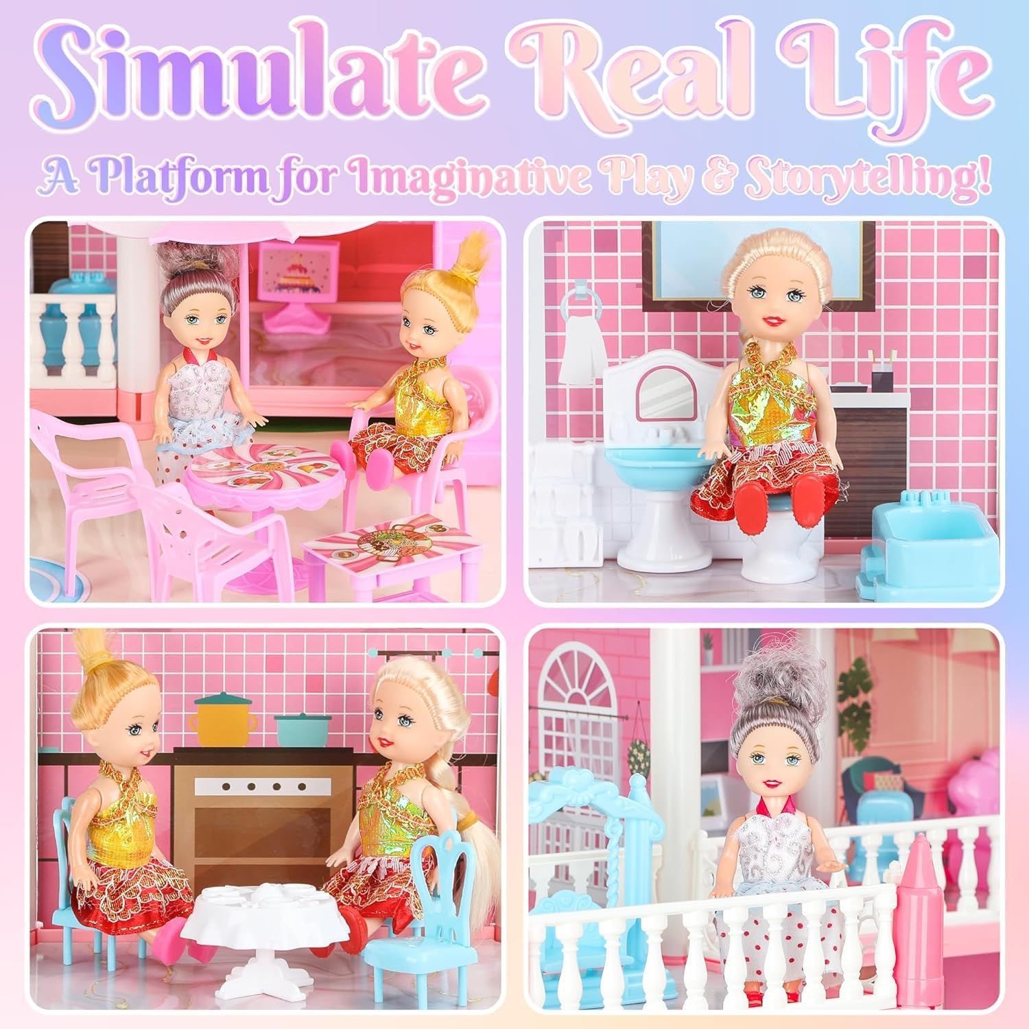4-Story 15 Rooms Dollhouse with 3 Dolls, Lights, Furniture and Accessories L6499