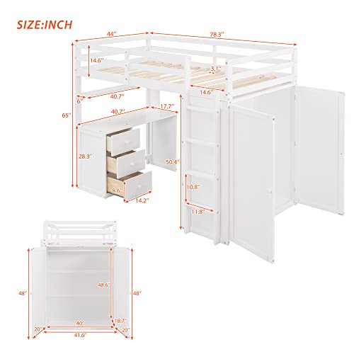 Full Loft Bed with Desk, Wood, Storage Drawers, Wardrobe and Shelf, Espresso W947