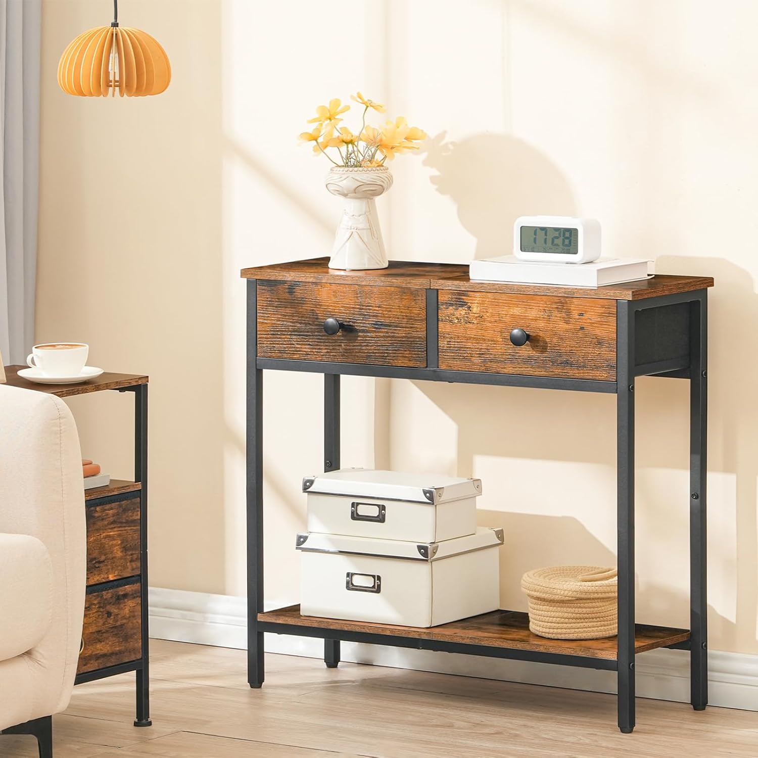 Rustic Brown and Black Narrow Console Table with 2 Fabric Drawers C643