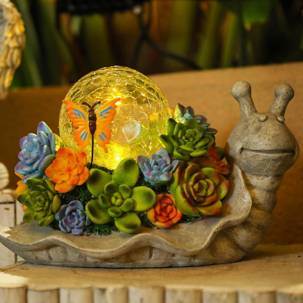 Solar Garden Snail Statue with Succulent and Solar Lights S43315