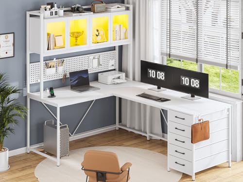 White L Shaped Gaming Desk with Drawers and Hutch T3222