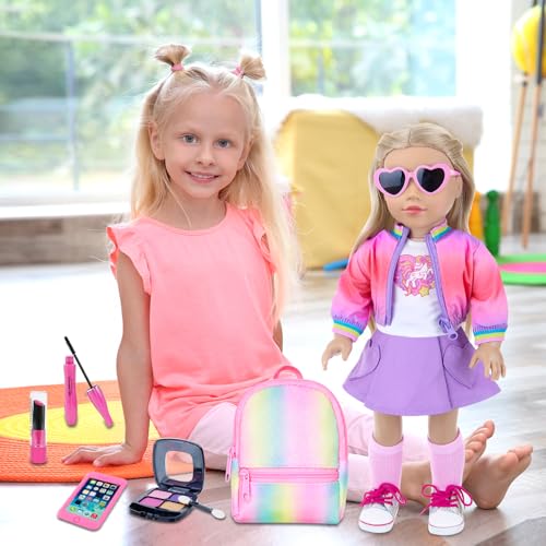18 Inch Doll Clothes and Makeup Accessories Set with Rainbow Backpack O189