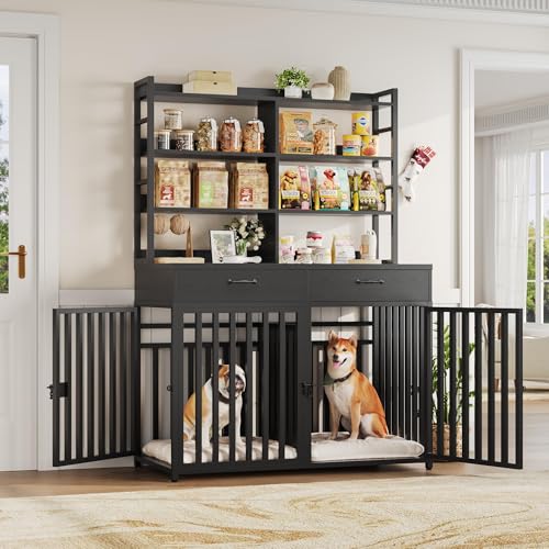 Black Wood & Metal Large Dog Crate Furniture with 4-Tier Shelves and 2 Storage Drawers B462
