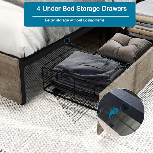 Black Full Size Bed Frame with Headboard, LED, 4 Storage Drawers, Charging Station P15461