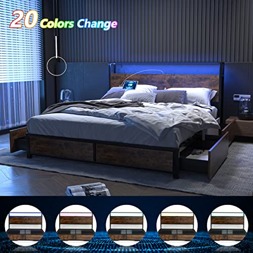 Full Size Metal Bed Frame with Storage Drawers, Rustic Brown M3743