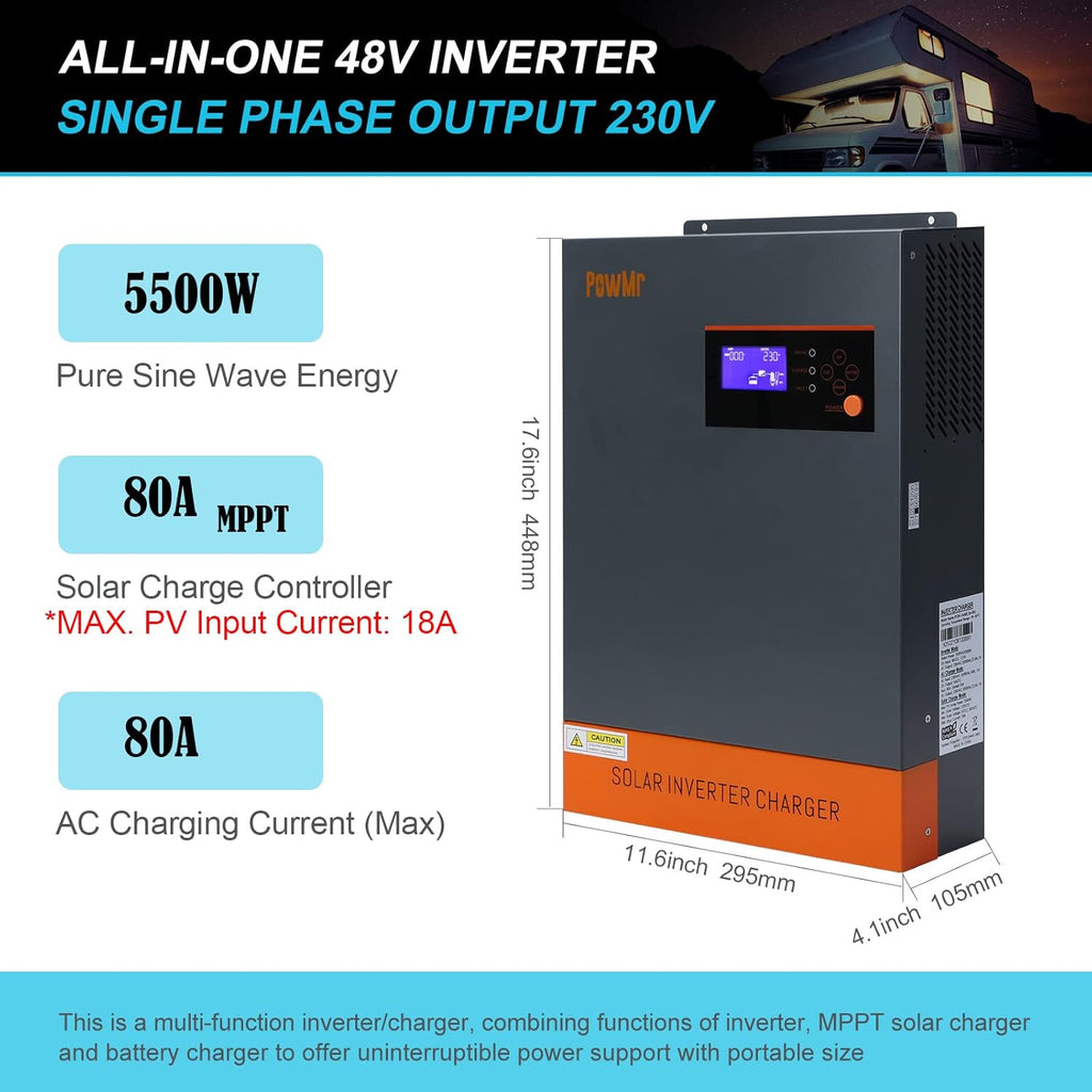 5500W Solar Hybrid Inverter with 80A MPPT Charge Controller 48V DC to 220/230V AC Pure Sine Wave Inverter J849485
