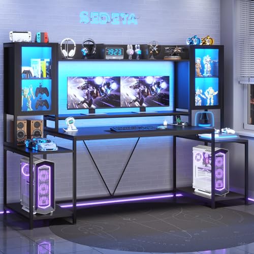 White 74.8'' Gaming Desk with LED Lights, Hutch and Storage Shelves I927581