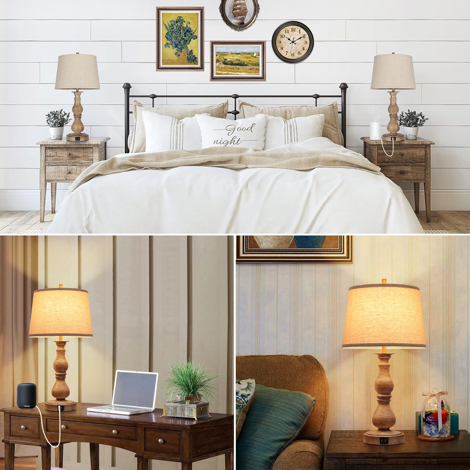 Set of 2 Touch Control Table Lamps with USB Ports, Cream Shades Y4023
