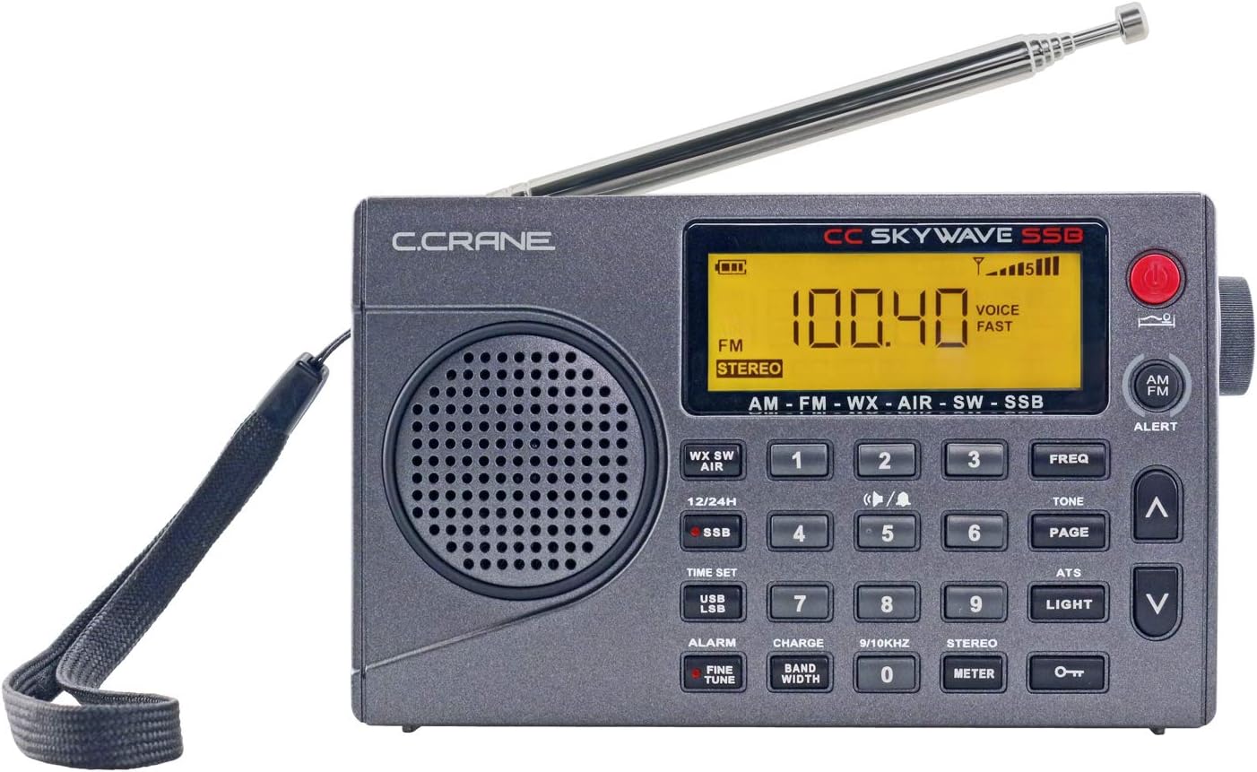 Small Battery Operated Portable Travel Radio with AM, FM, Shortwave, NOAA Weather + Alert, VHF Aviation Band and Single Side Bands E5543
