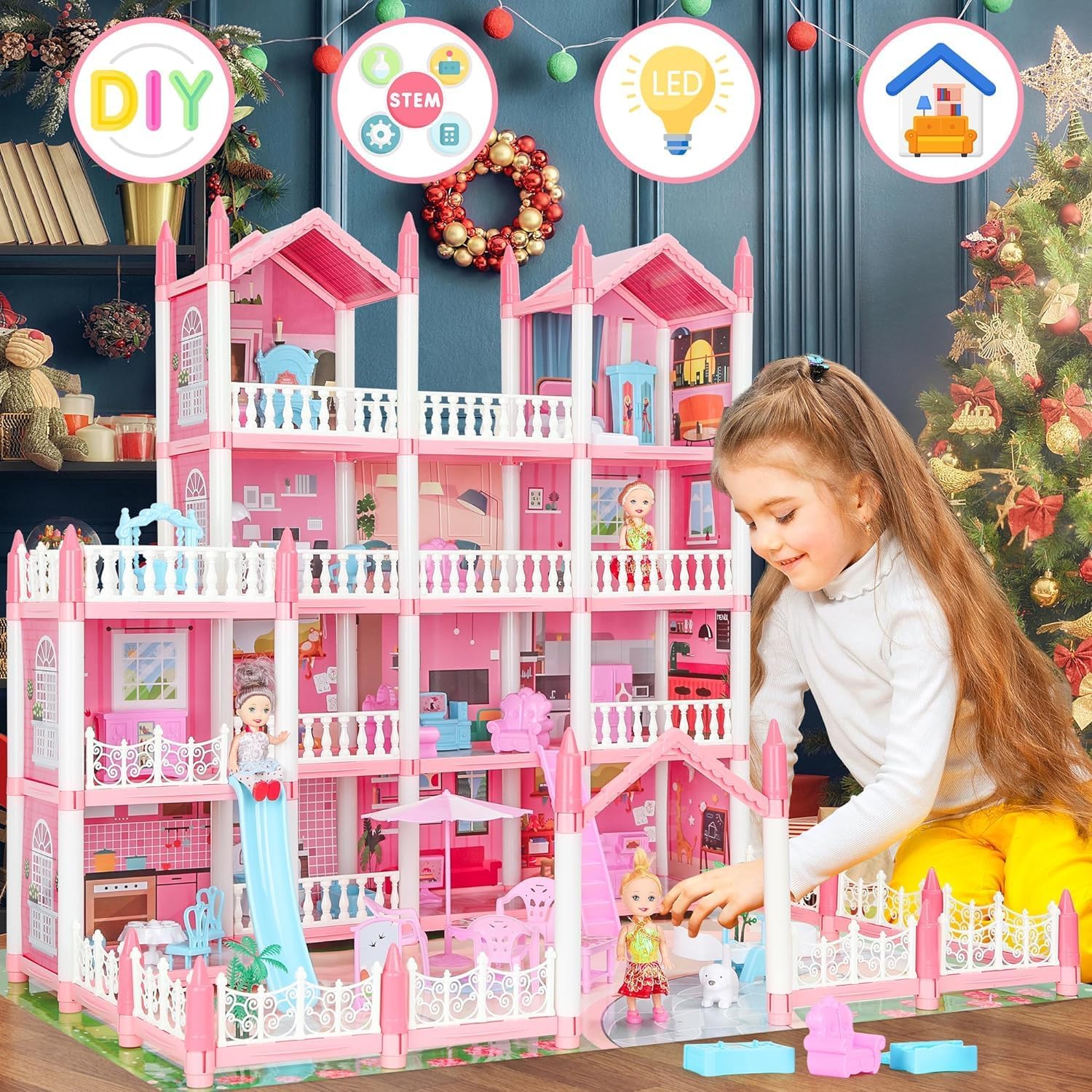 4-Story 15 Rooms Dollhouse with 3 Dolls, Lights, Furniture and Accessories L6499