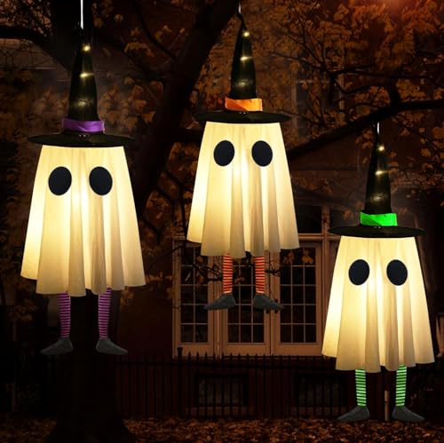 Set of 4 Halloween Hanging Ghosts with Witch Hat E50742
