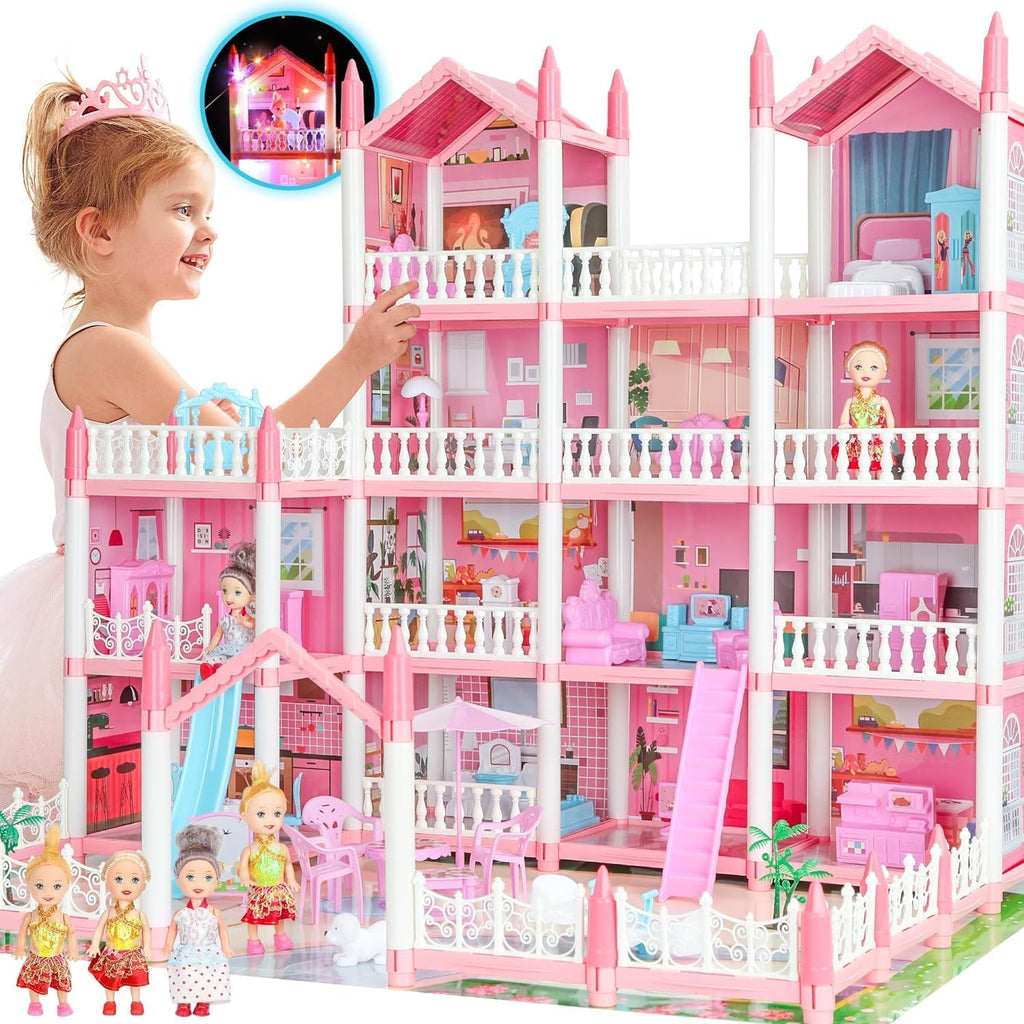4-Story 15 Rooms Dollhouse with 3 Dolls, Lights, Furniture and Accessories L6499
