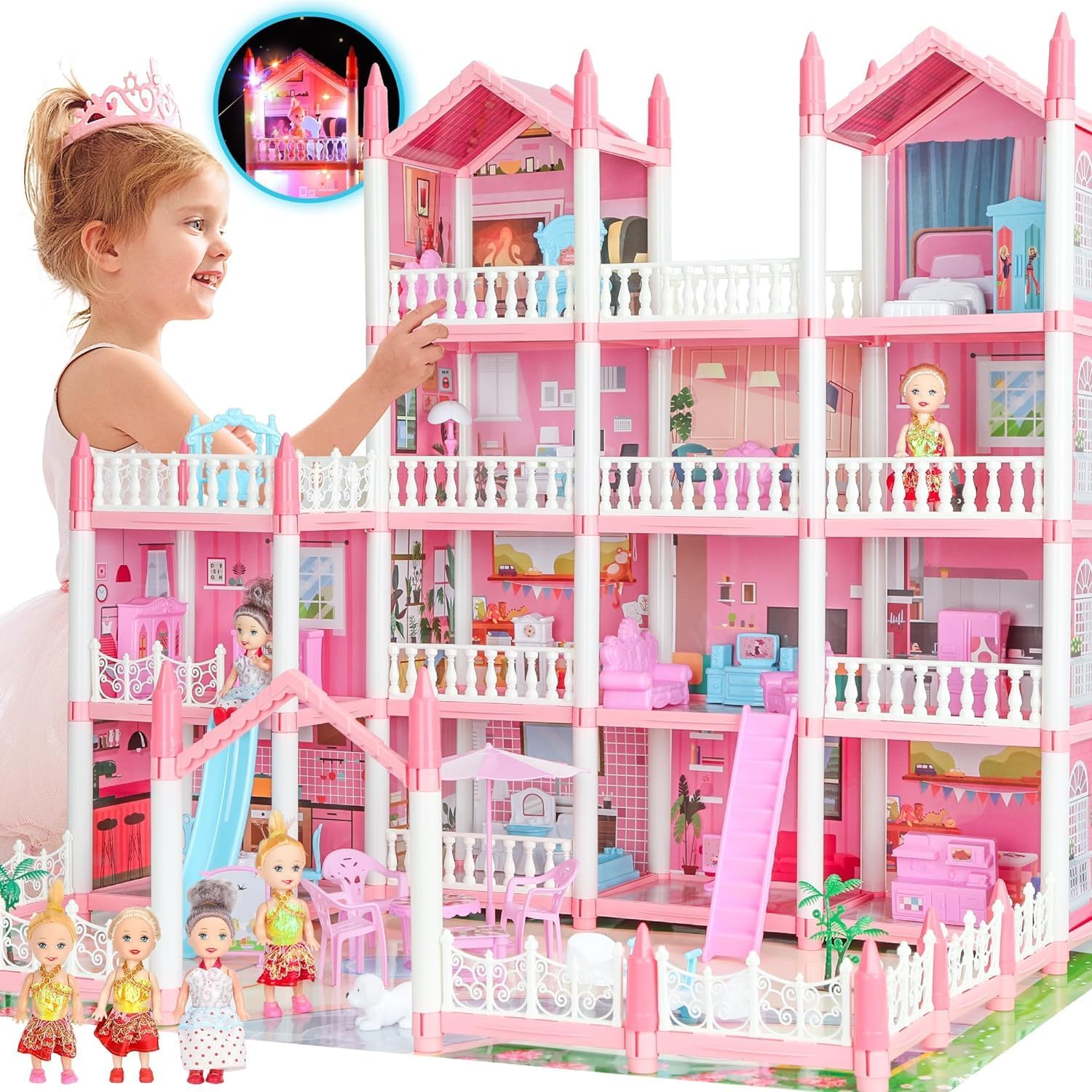 4-Story 15 Rooms Dollhouse with 3 Dolls, Lights, Furniture and Accessories L6499