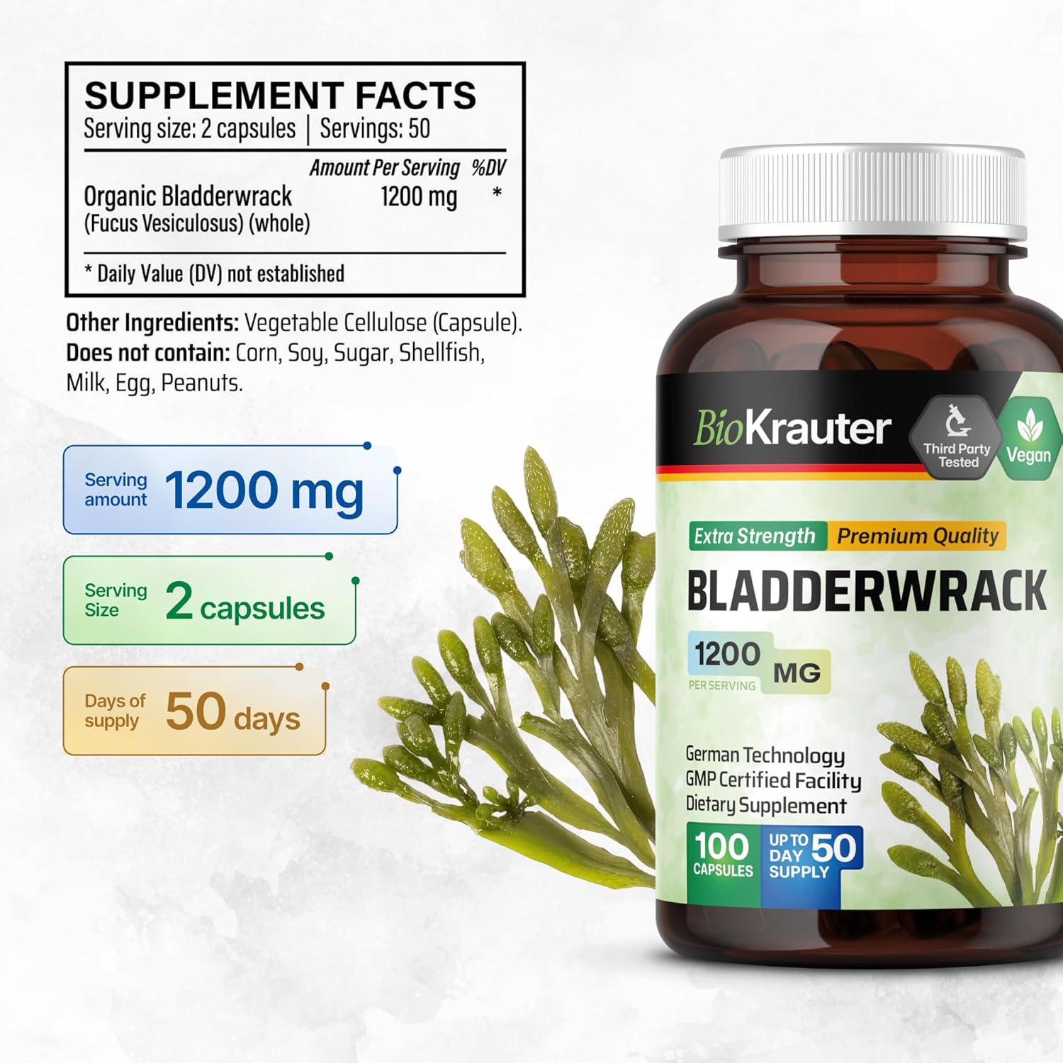 1200 mg Bladderwrack Capsules, 100 Veggie Capsules F8493