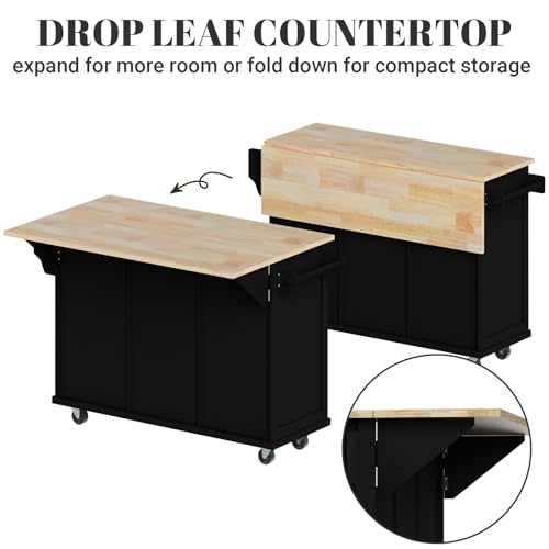 Large Kitchen Island On Wheels with Storage 54in Width Wood Island with Drawers Cabinet Spice Rack Towel Rack A698567