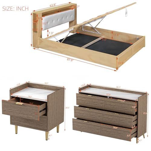 Queen Size Upholstered Platform Bed with Storage Nightstand and 6 Drawers Dresser Cabinet Z954700